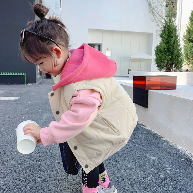 巴拉甄选女童棉马甲2023新款秋冬款儿童连帽加绒加厚马甲女宝宝百