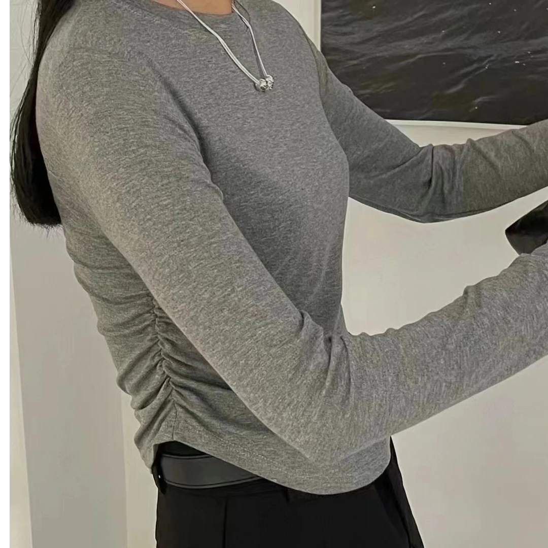春秋圆领修身打底衫长袖T恤女短款显瘦内搭上衣