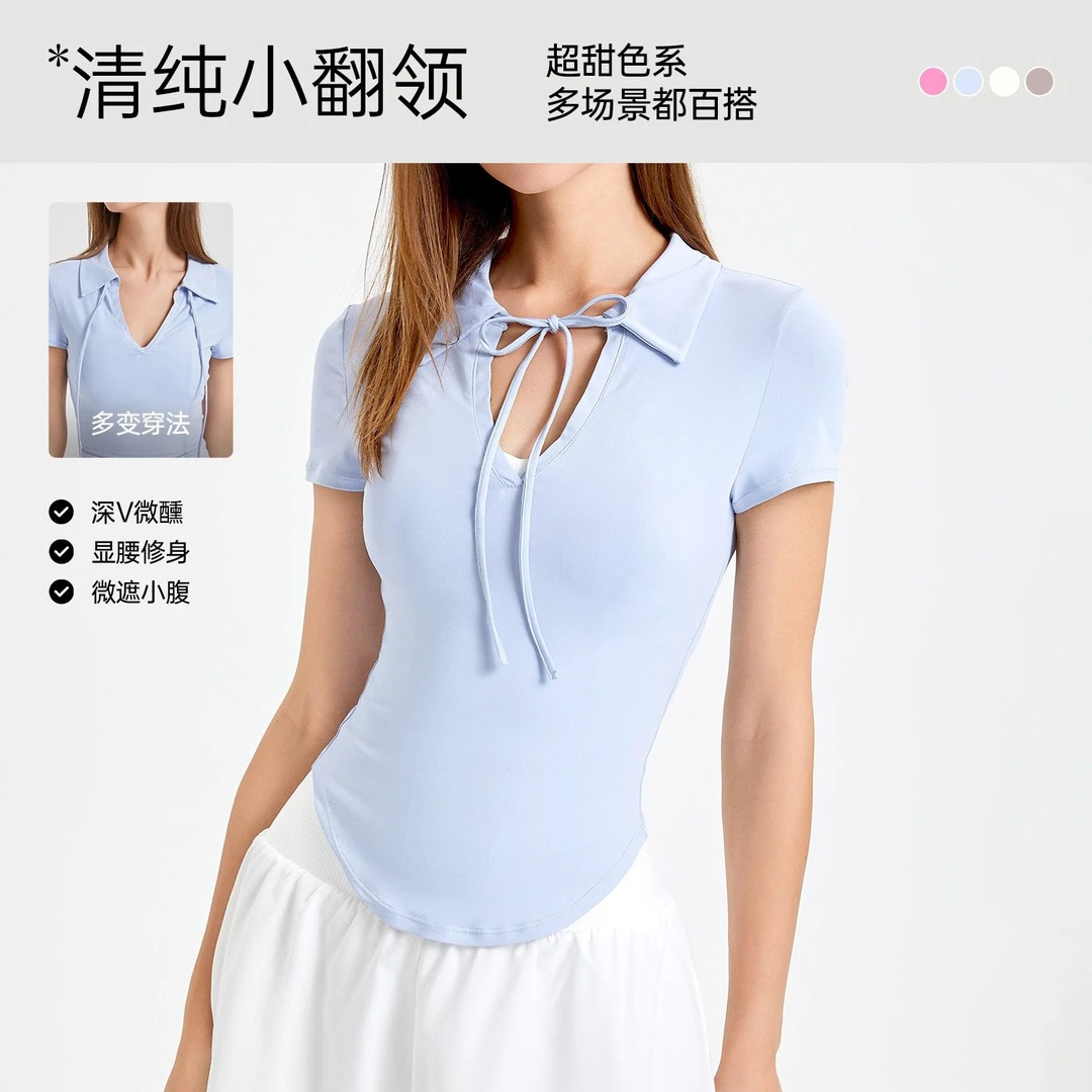 夏季翻领系绳修身速干运动上衣健身跑步罩衫透气瑜伽服短袖T恤女