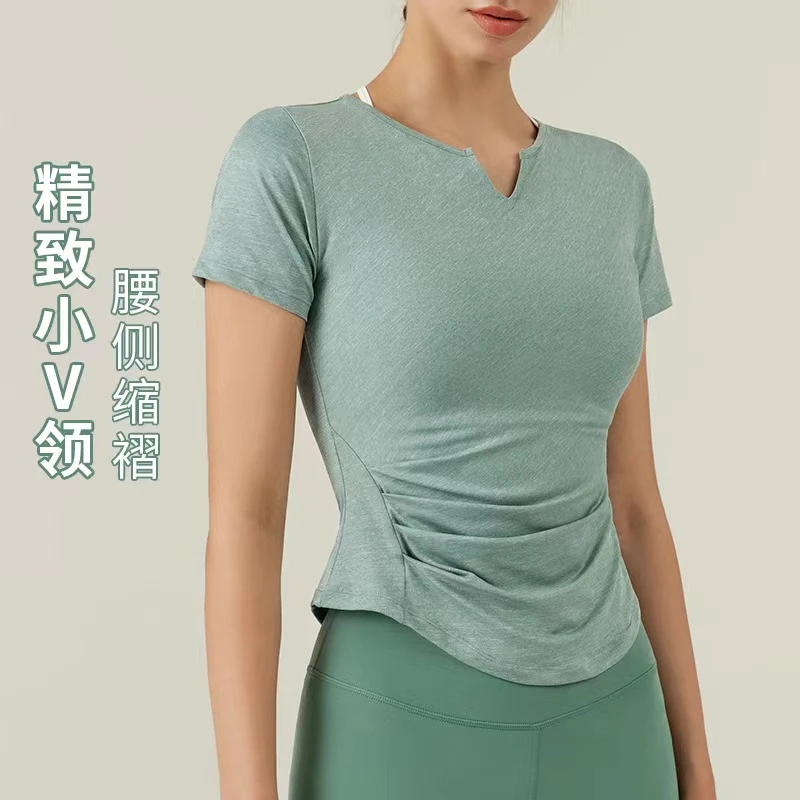 V领打褶瑜伽短袖健身显瘦运动服女上衣速干衣夏季