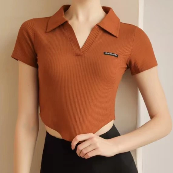 健身瑜伽服女夏新款翻领运动短袖袖显瘦紧身跑步上衣速干t恤