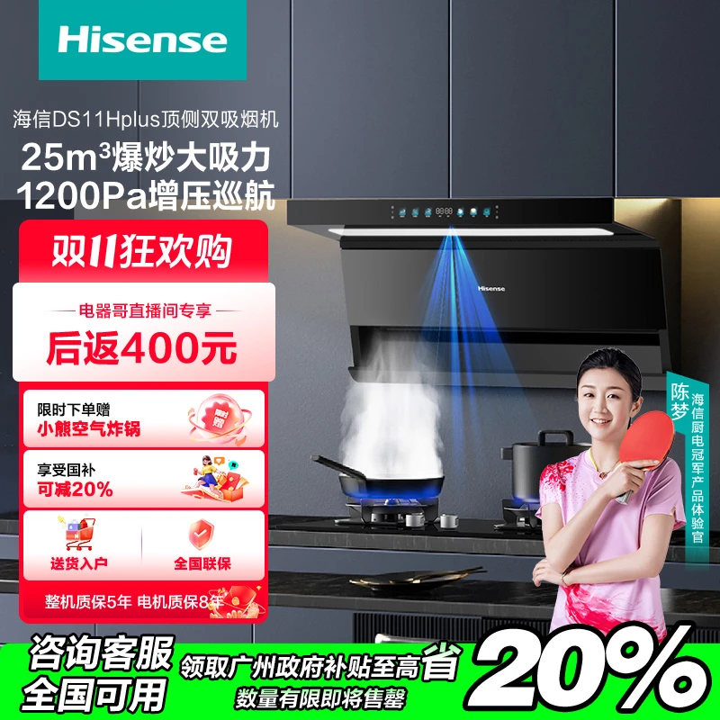 【国补立减20%】海信油烟机顶侧双吸25风量1200Pa静压智能DS11Hplus