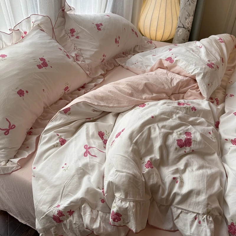 韩式花边床上四件套双人粉色床单被套大学生宿舍三件套非全棉纯棉