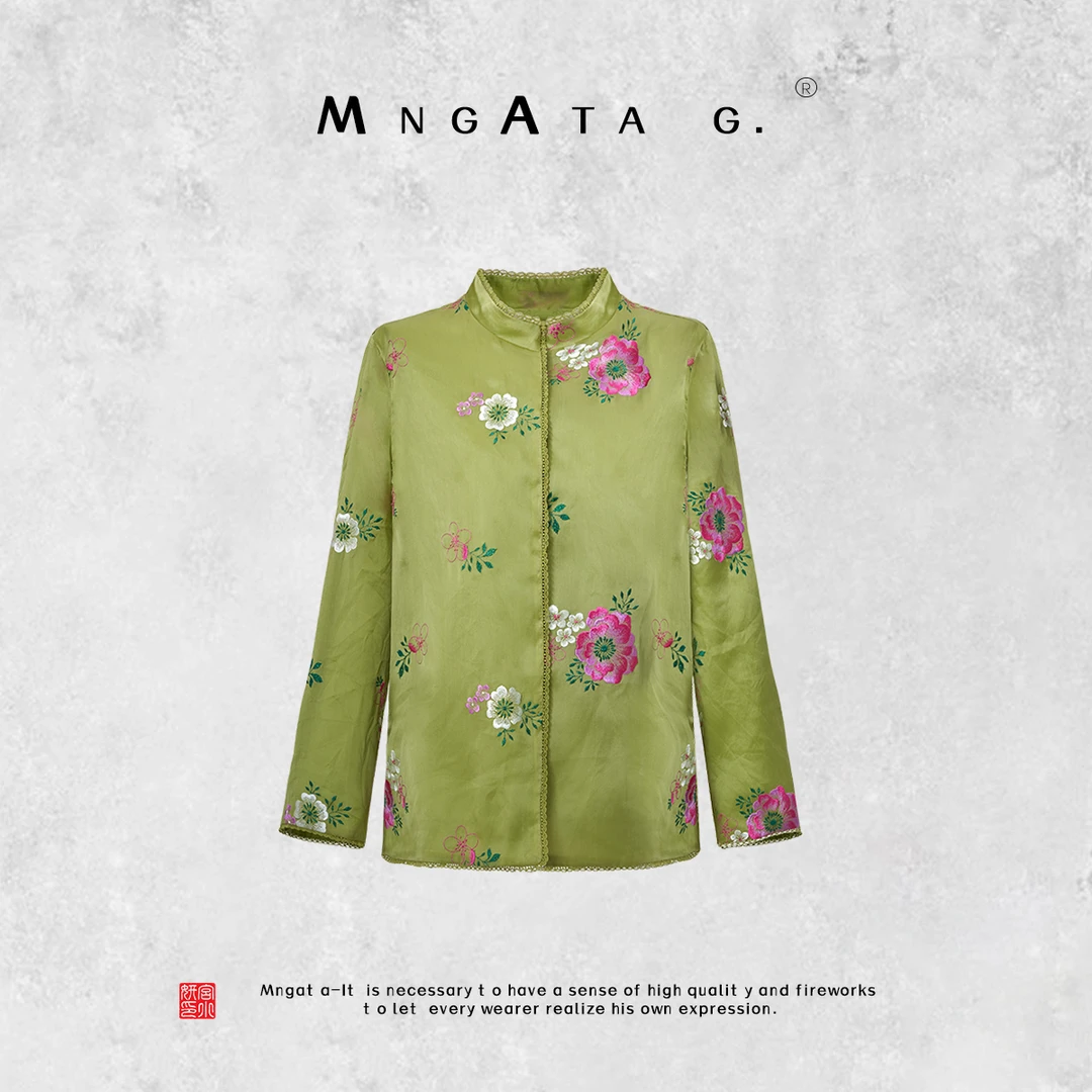 MNGATA G.宫小妍【绿映红】早春新中式中国风真丝短外套24011702