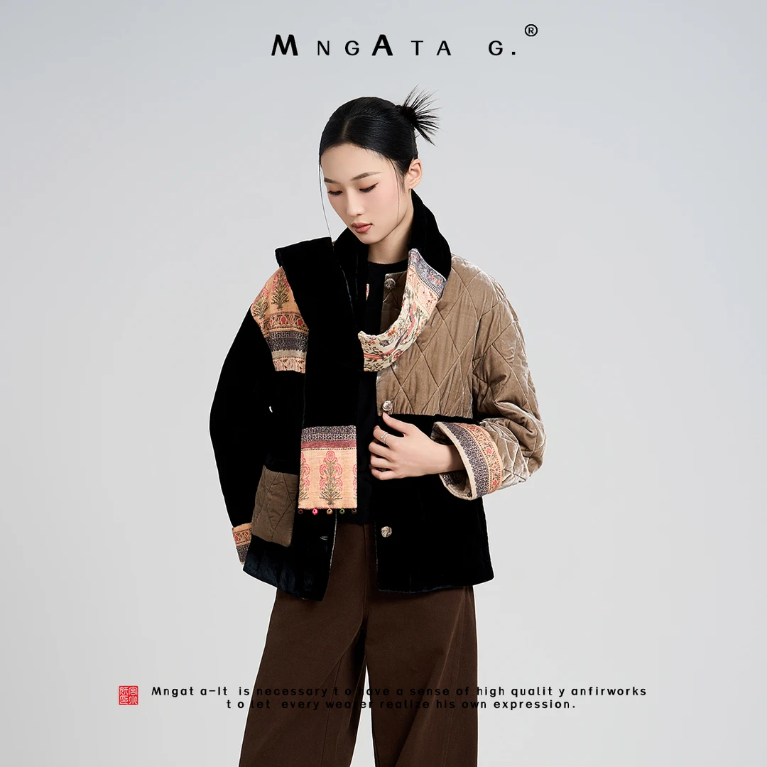 MNGATA G.宫小妍【真丝·一川枫叶】印花榨蚕丝中式丝绒棉衣Q4090921