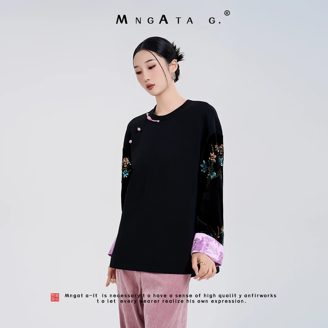 MNGATA G.宫小妍【繁花卫衣】早秋新中式国风拼接袖亮片上衣4080803