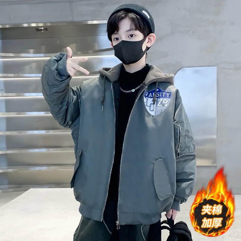 男童加厚夹棉外套春秋冬款2023新款酷帅儿童装秋季风衣连帽时髦潮