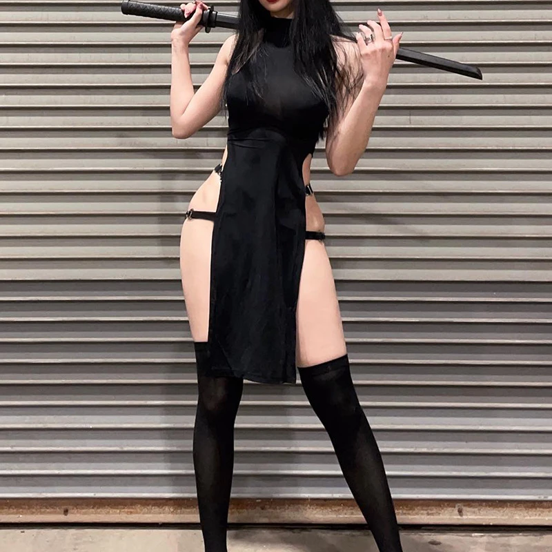 【修长】斩男战服性感挂脖弹力高腰双开叉旗袍绑带包臀长款紧身显瘦