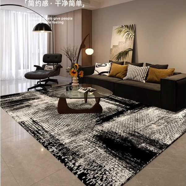 拼接网红客厅地毯新款意式耐脏卧室沙发地垫茶几毯美式防水黑色白