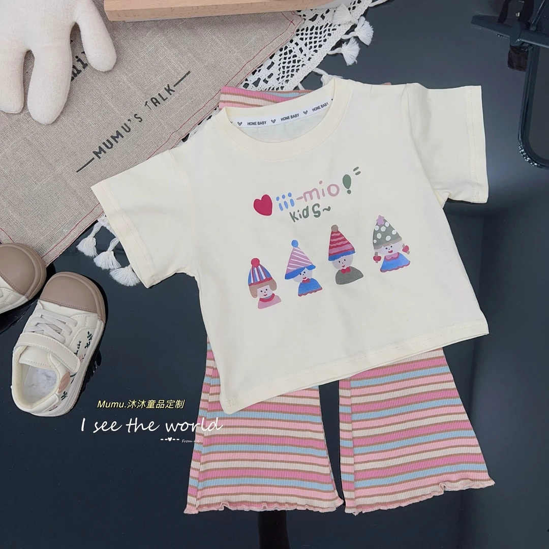 女童短袖卡通上衣新款2024韩版洋气T恤撞色时尚潮搭彩条喇叭裤