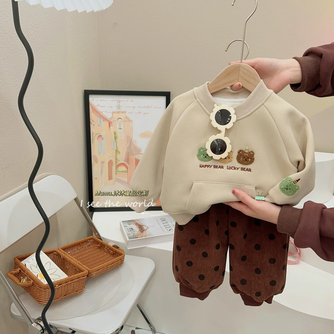 加绒加厚儿童韩版卫衣卫裤冬季女童卡通上下装两选刺绣洋气百搭潮