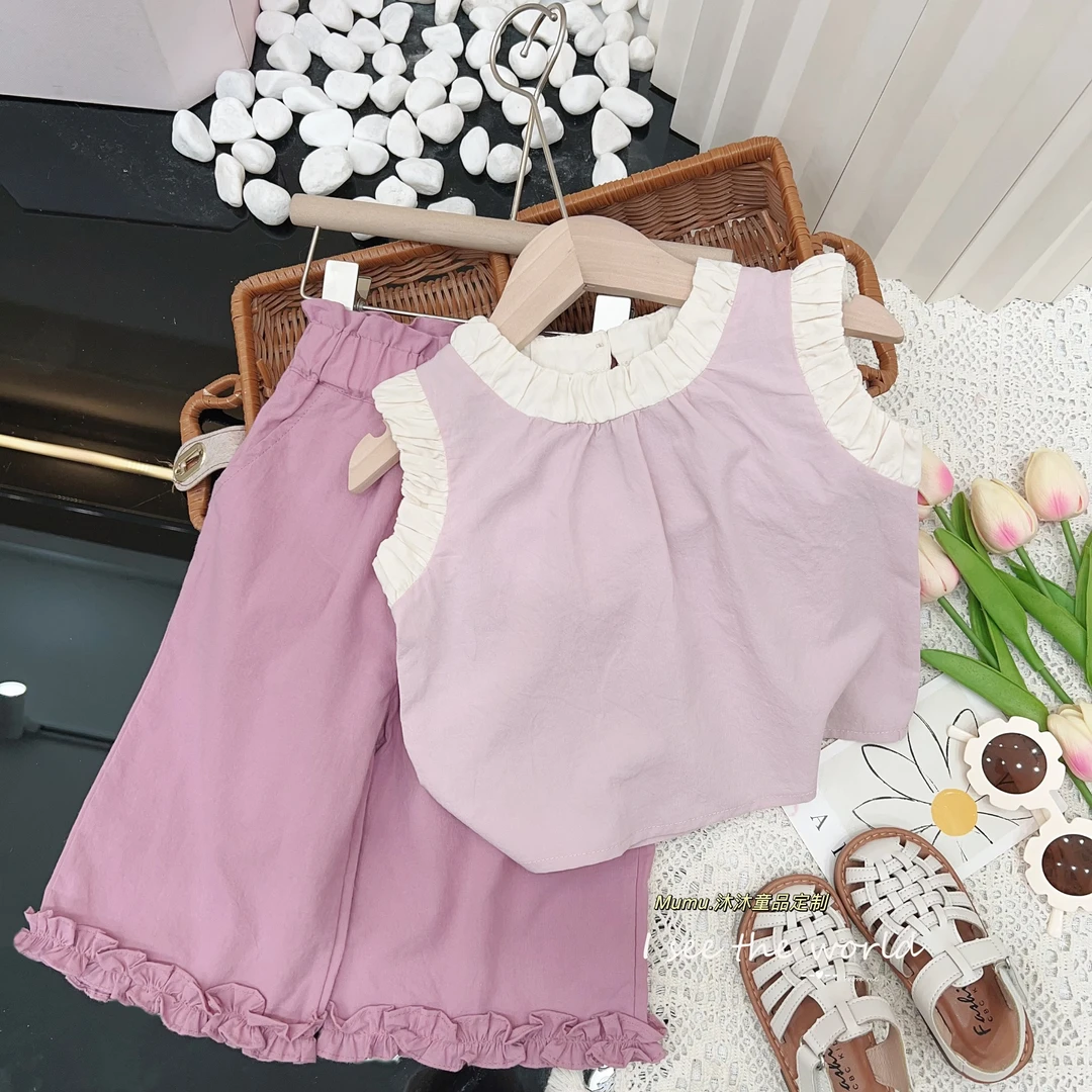 女童背心吊带碎花套装新款2024韩版洋气木耳边清新可爱两件套潮