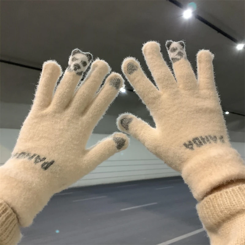 新款可爱加绒小熊猫手套加厚保暖学生骑车防风防寒冬季触屏手套