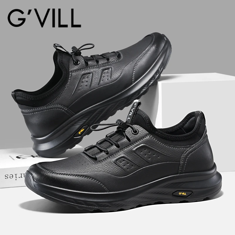 G'VILL/贵之步真皮休闲皮鞋男秋冬防水百搭免系带软底防滑徒步鞋