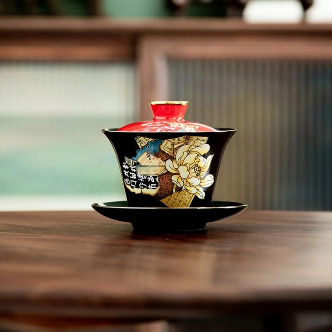 002216八破图悬停盖碗蔡国海大师描金鸿运当头高档玄黑釉茶盖碗