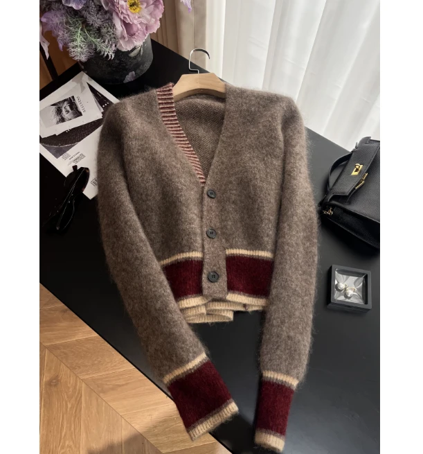 超幼马海毛➕羊绒 撞色设计开衫女