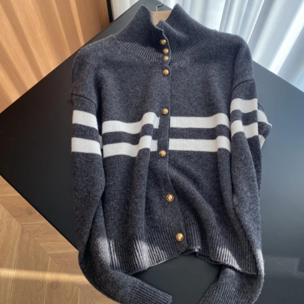 MANYI 慵懒风软糯条纹高领上衣女秋冬韩系宽松加厚保暖毛衣外套