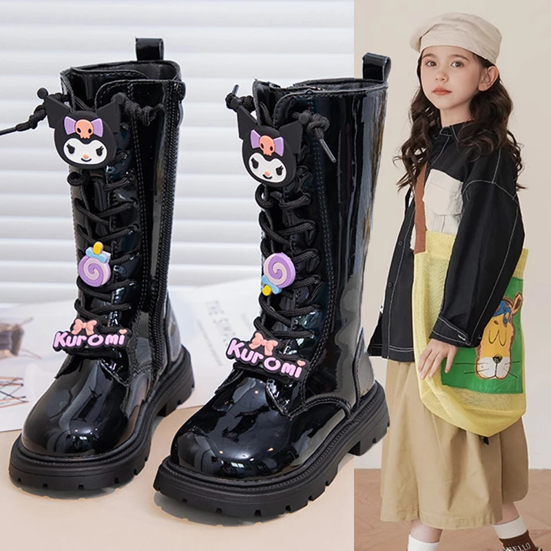 库洛米女童长筒靴2024秋冬季新款儿童时尚棉靴女孩加绒保暖马丁靴