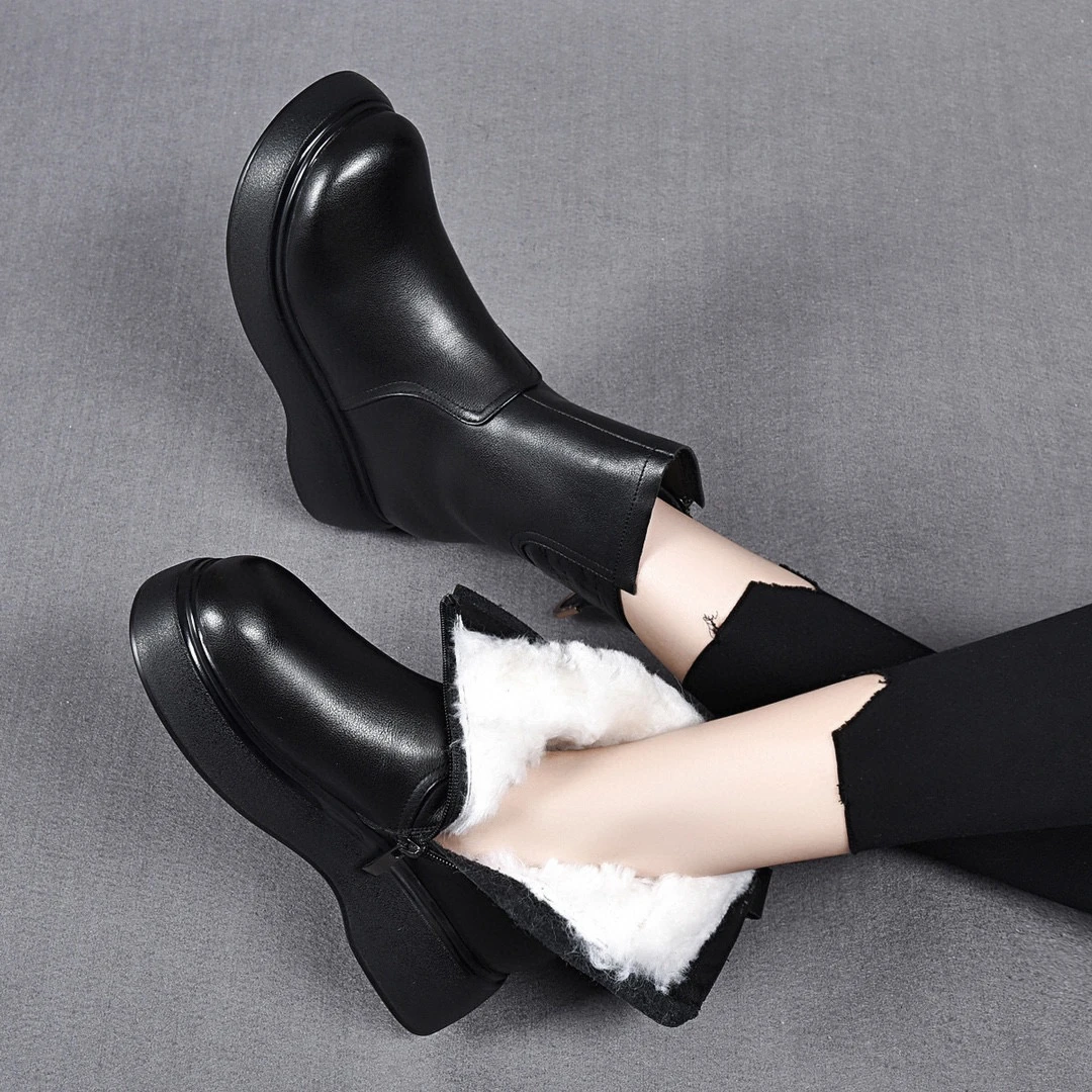 牛皮厚底羊毛保暖雪地靴2023年冬季圆头英伦风马丁靴舒适百搭暖脚