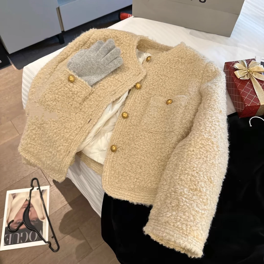 小香风加棉加厚女冬季2024新款圈圈毛呢短外套女