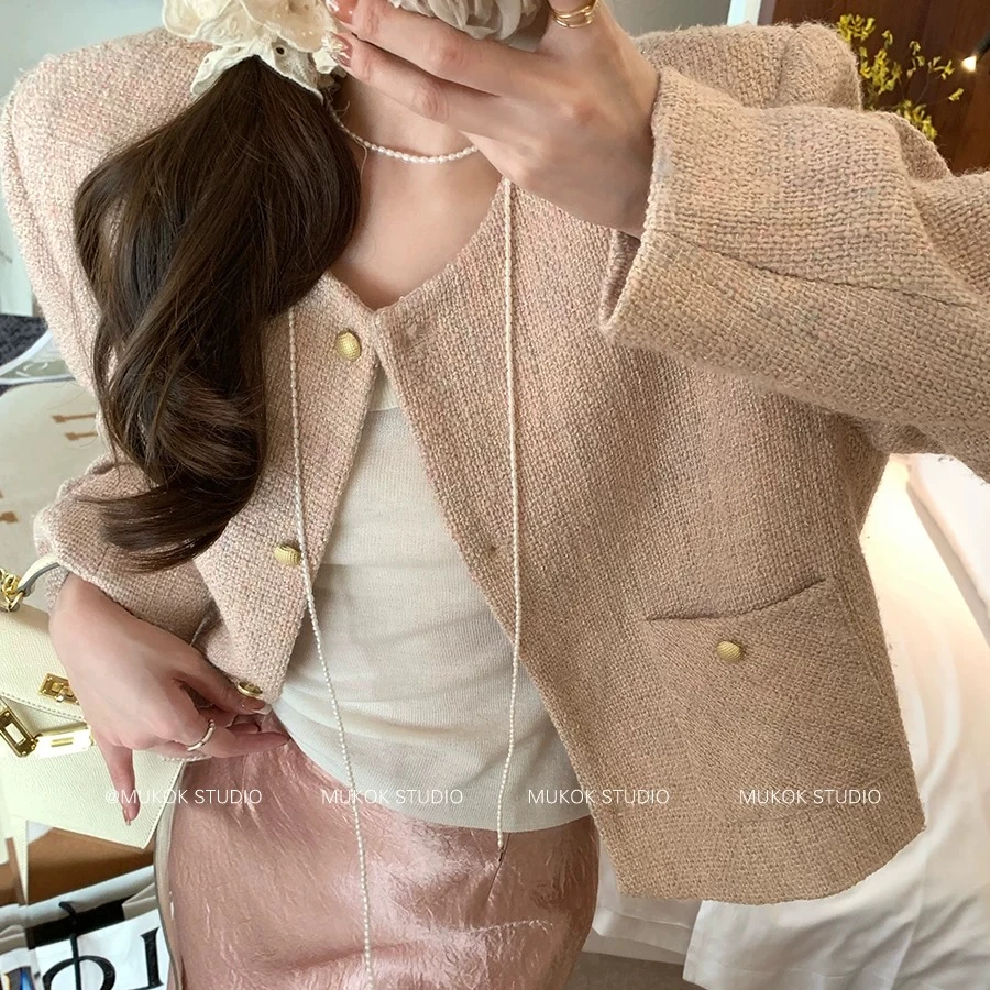 粉色减龄小香风短外套女2025早春新款气质显瘦长袖短款上衣