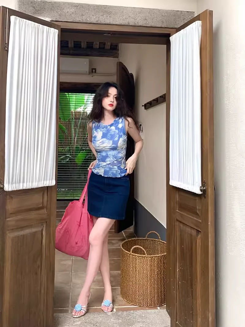 酒午自制【蓝黛】法式高腰显瘦A字牛仔短裙-KLF3691