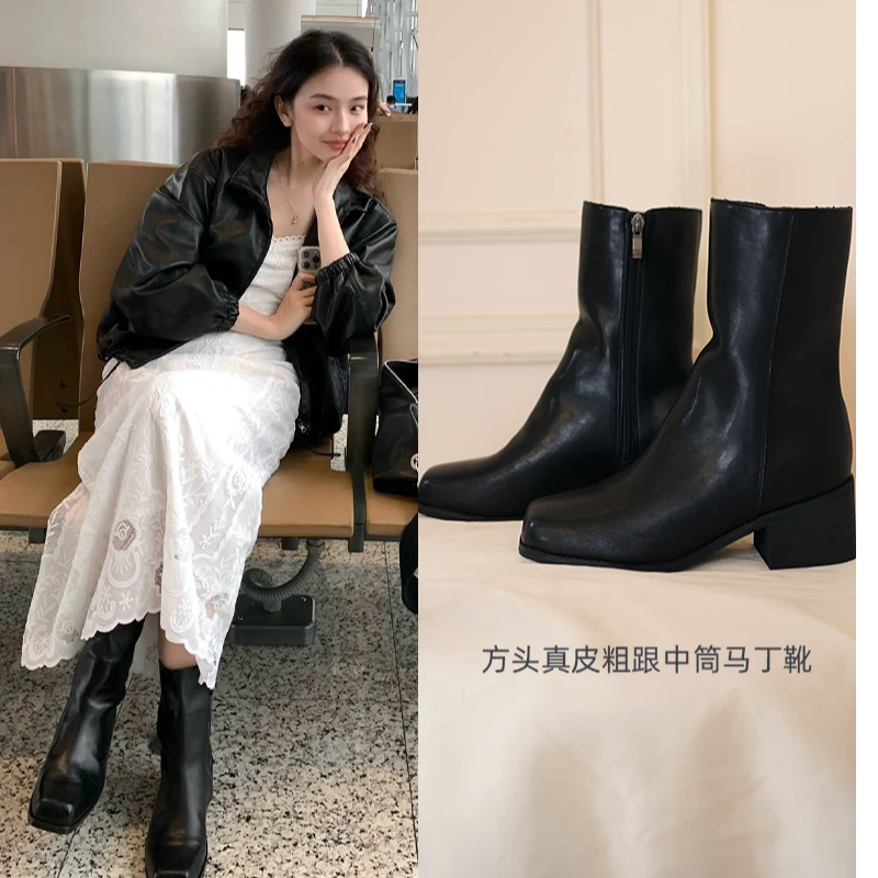 酒午同款方头真皮粗跟中筒马丁靴-KLFX024