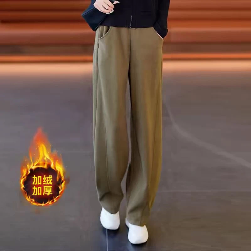加绒加厚弯刀香蕉裤女秋冬松紧腰卫裤宽松阔腿休闲裤0881#
