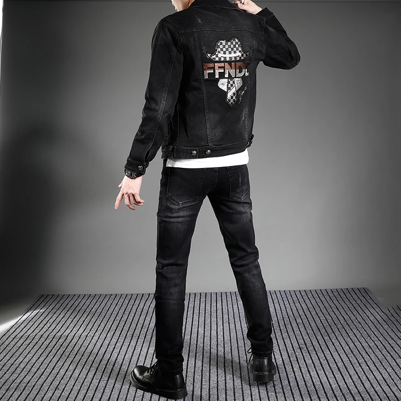 春秋高端潮牌刺绣牛仔套装男黑色潮流修身夹克外套两件套男牛仔裤