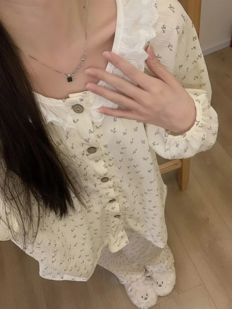 睡衣女春秋季薄款甜美蕾丝花边百搭可爱宽松韩版设计感家居服套装