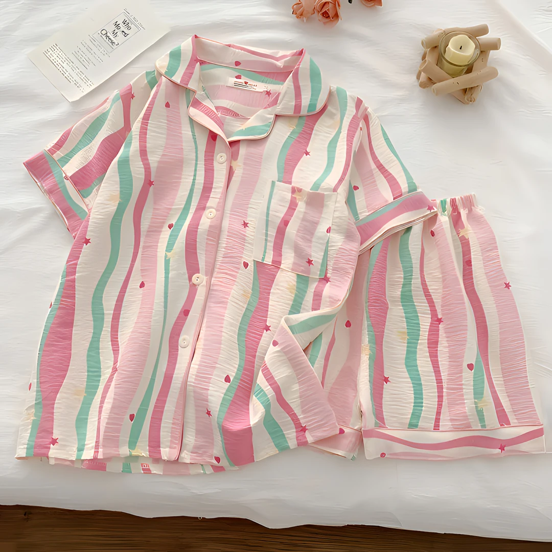 睡衣女夏季短袖短裤甜美粉色条纹韩版宽松休闲家居服套装可外穿