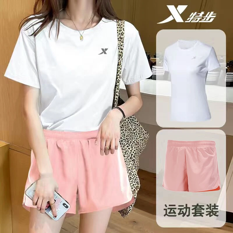 特步运动套装女士短袖T恤夏季圆领上衣运动裤女正品休闲服两件套