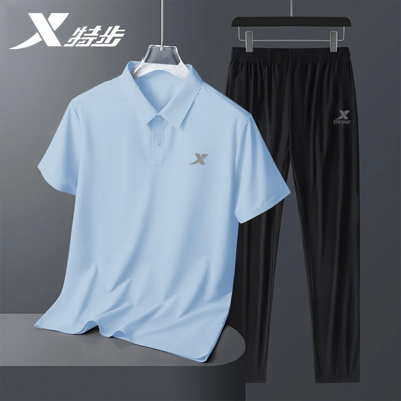 特步运动套装男秋季polo衫秋季正品短袖长裤速干冰丝裤休闲两件套