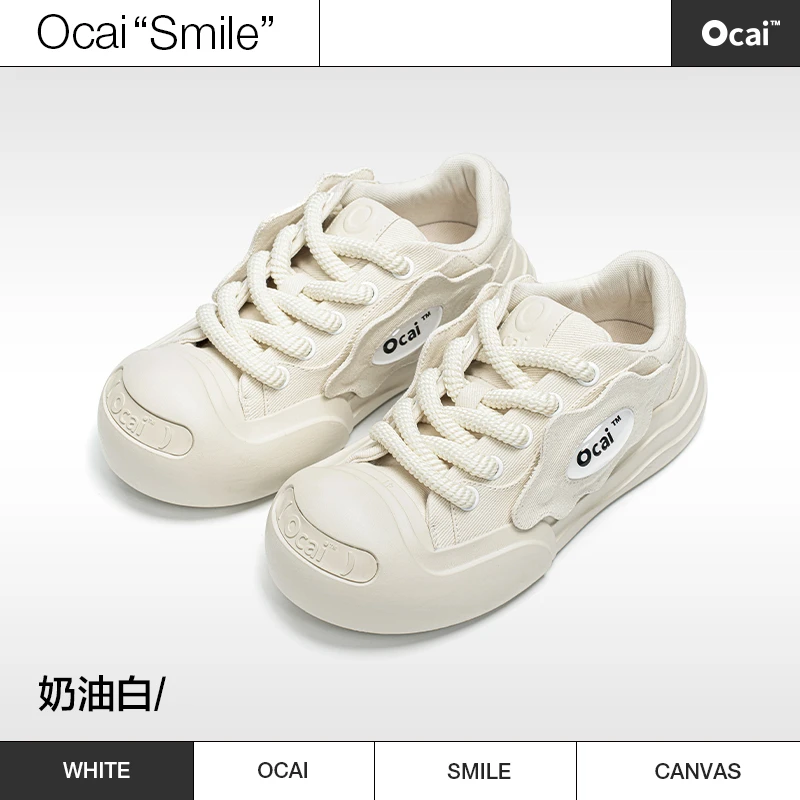Ocaismile002 开口笑系列黑色白色帆布鞋 学生情侣厚底增高鞋时尚