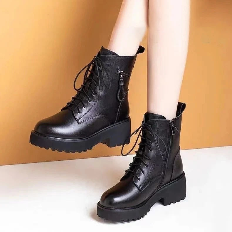 软皮马丁靴女2025冬季新款厚底防水台粗跟防滑加绒保暖棉鞋皮靴子