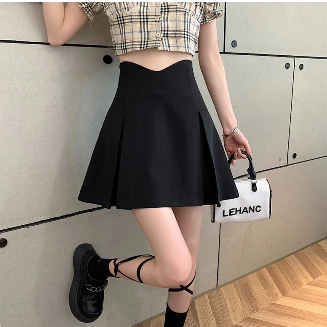 现货【圆圆脸】08230 胖mm黑色西装A字百褶裙女显瘦半身裙百搭短裙