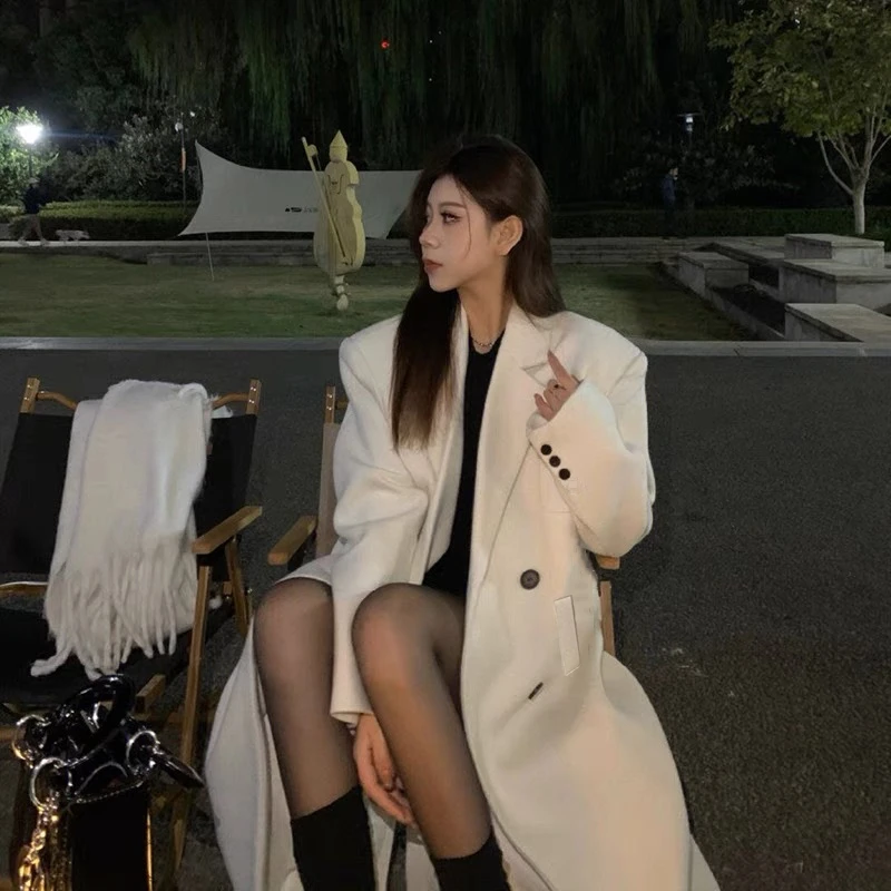 现货【嘎嘎】10197 秋冬大衣美拉德穿搭高级感黑色长款毛呢西装外套