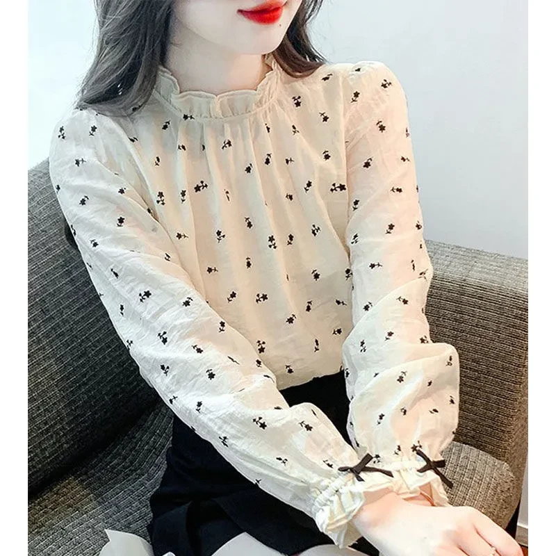 早春新款2025立领长袖印花气质衬衫女装淑女设计感小众打底上衣