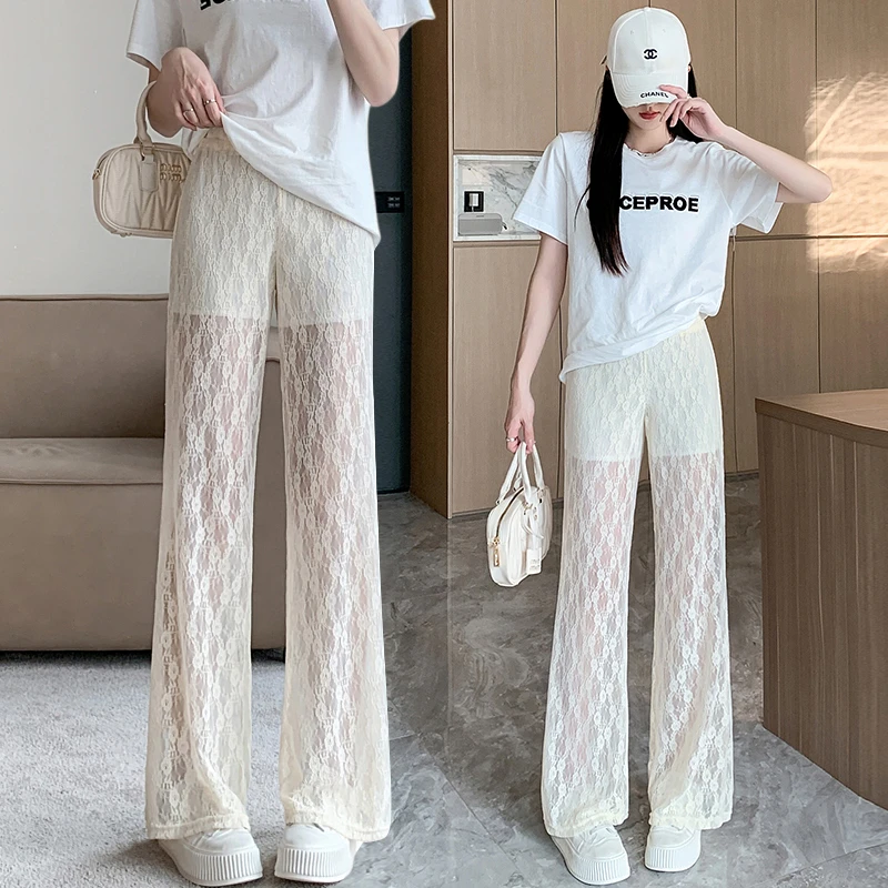春夏蕾丝长裤拖地裤宽松型百搭夏季日系休闲裤高腰垂感显瘦阔腿裤