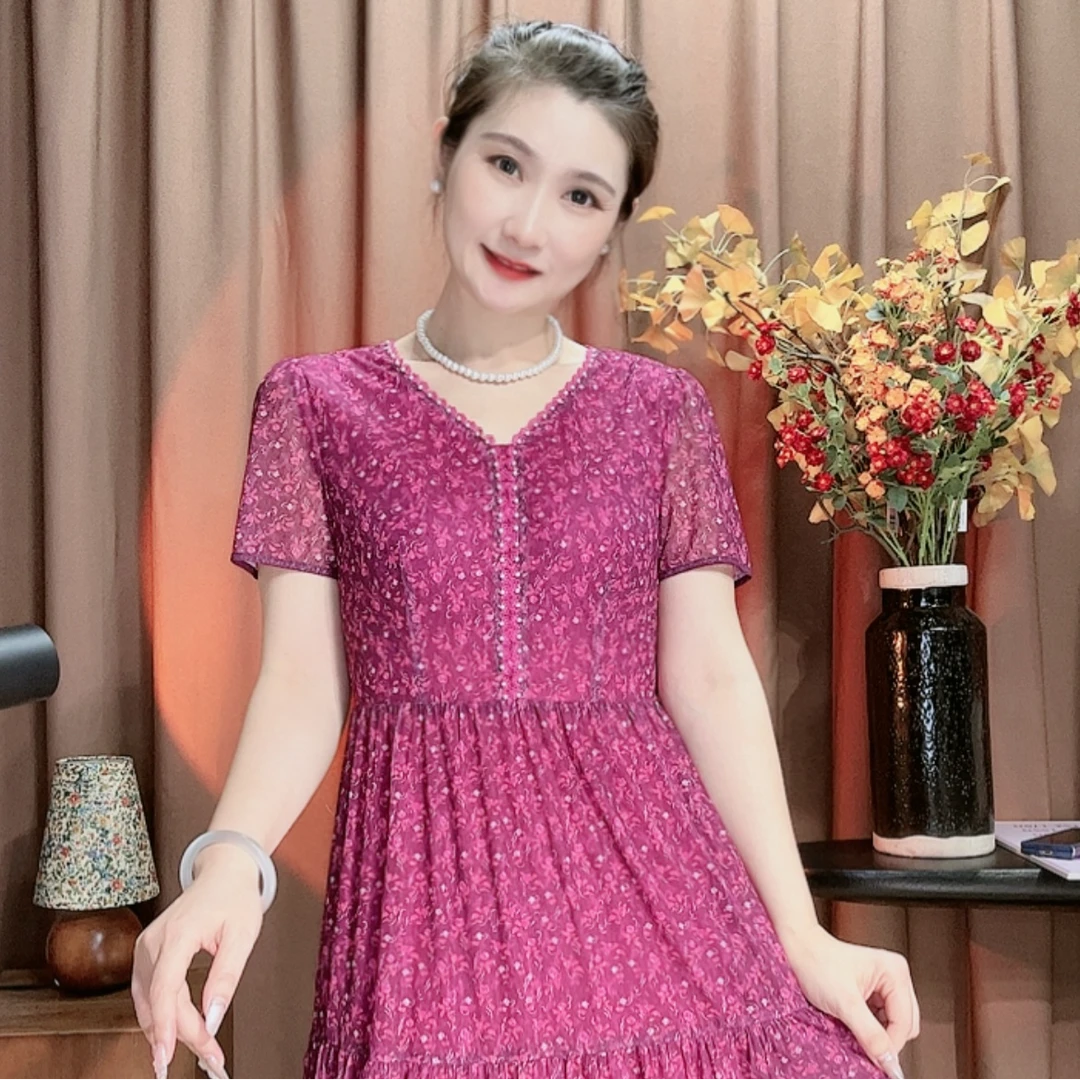 D 1359#时尚气质优雅长裙妈妈装收腰显修身瘦连衣裙