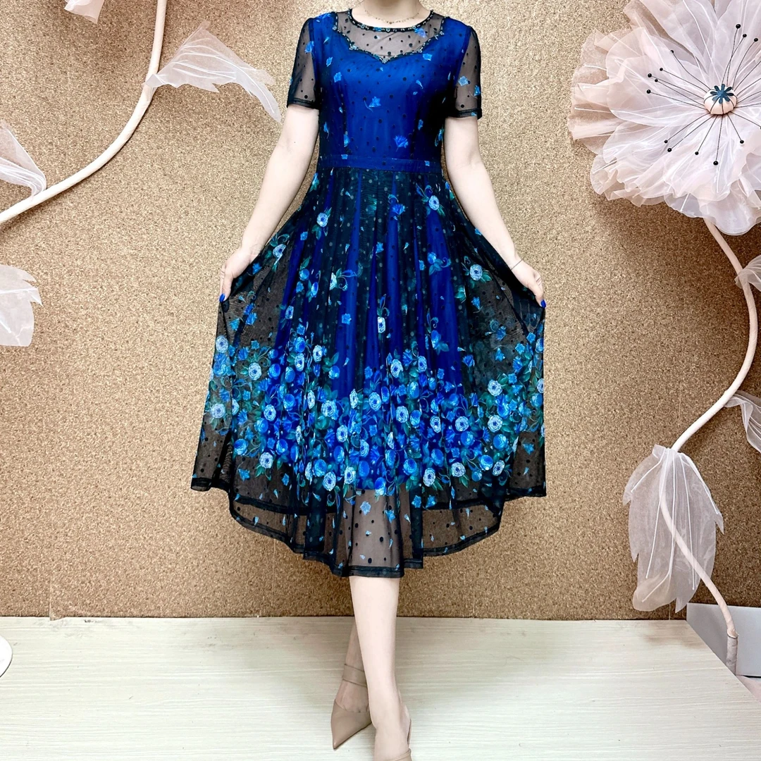 D 1027#夏季蓝色时尚通勤印花显瘦妈妈装优雅气质中长裙连衣裙