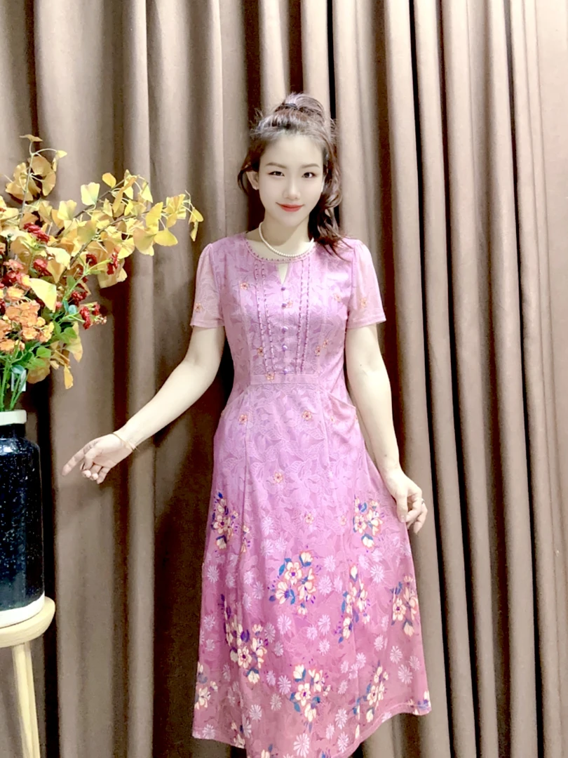 S 1137气质时尚显瘦中式妈妈装复古连衣裙
