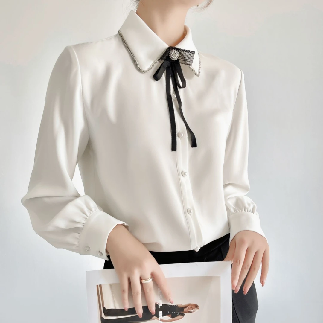 【雪纺长袖衬衫】高定白色百搭职业气质时尚设计感韩版打底上衣