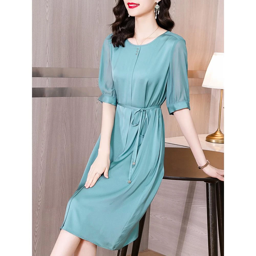 妈妈夏装缎面真丝圆领连衣裙新款中年时尚气质杭州洋气系带收大码