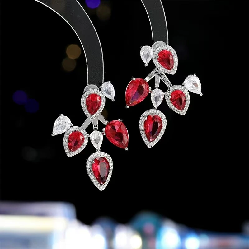 铜合金锆石耳饰 388气质轻奢时尚百搭复古红色水滴设计师两戴耳钉