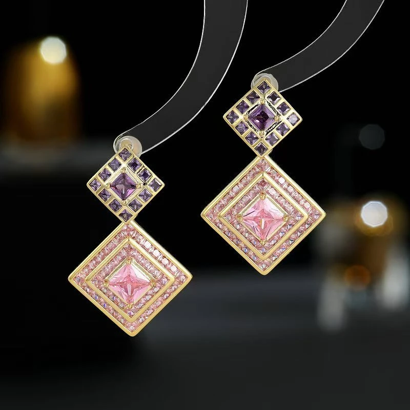 铜合金锆石耳饰 243法式设计师款轻奢高级感几何菱形超闪方形耳环