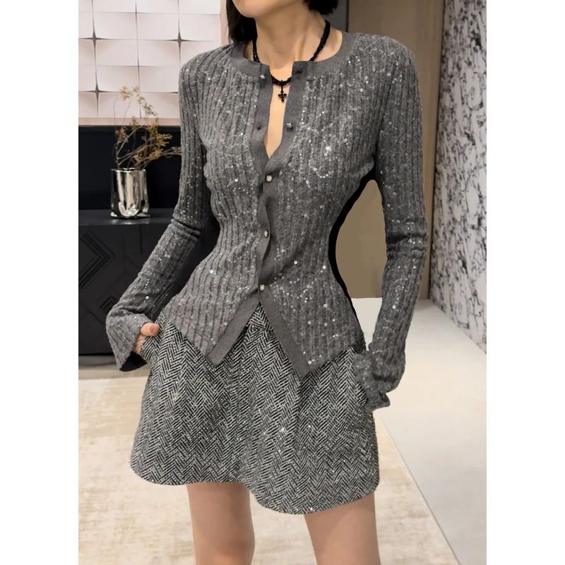 圆领视觉修腰珠片开衫 衬衫上衣女士打底纯色长袖气质