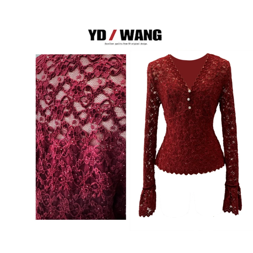 提花蕾丝V领上衣  衬衫上衣女士打底纯色微喇袖气质