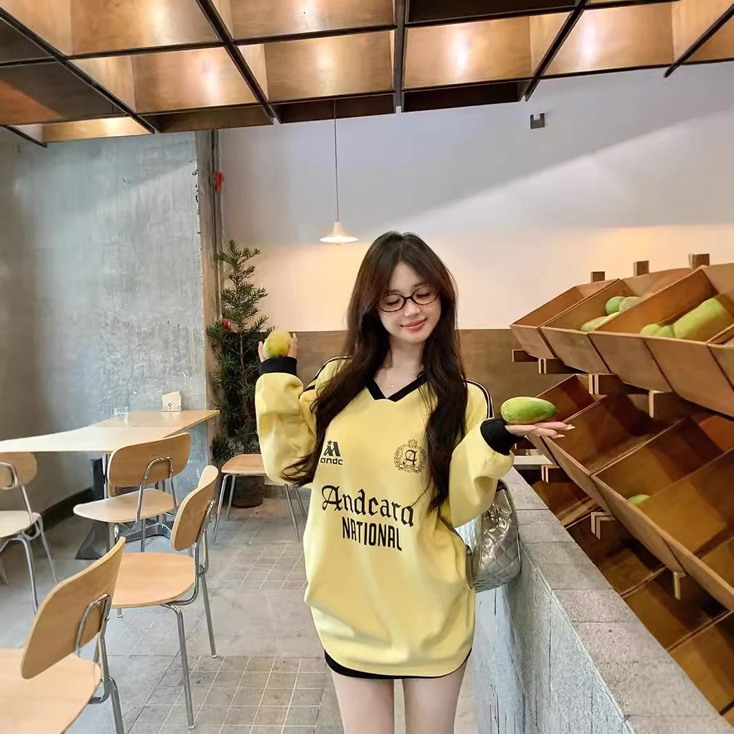 黑色字母印花v领长袖卫衣女秋季美式复古宽松中长款运动休闲上衣