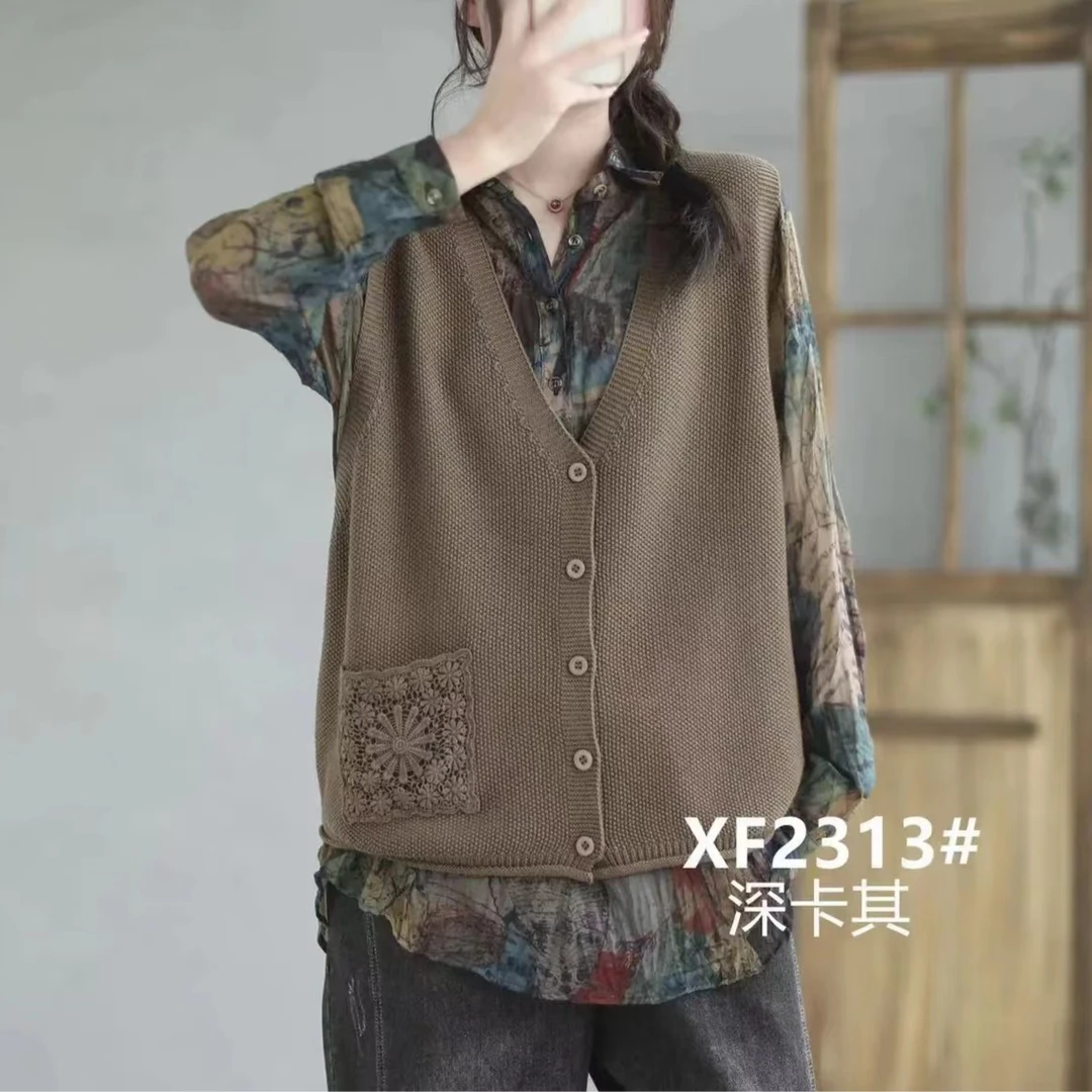 秋季新款多扣蕾丝口袋宽松休闲百搭开衫马甲女